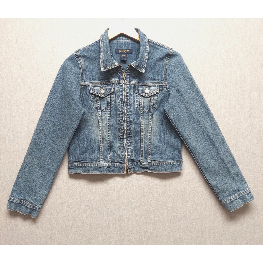 Abercrombie & Fitch Women L Denim Jacket Medium Wash Full Zip Trucker Streetwear